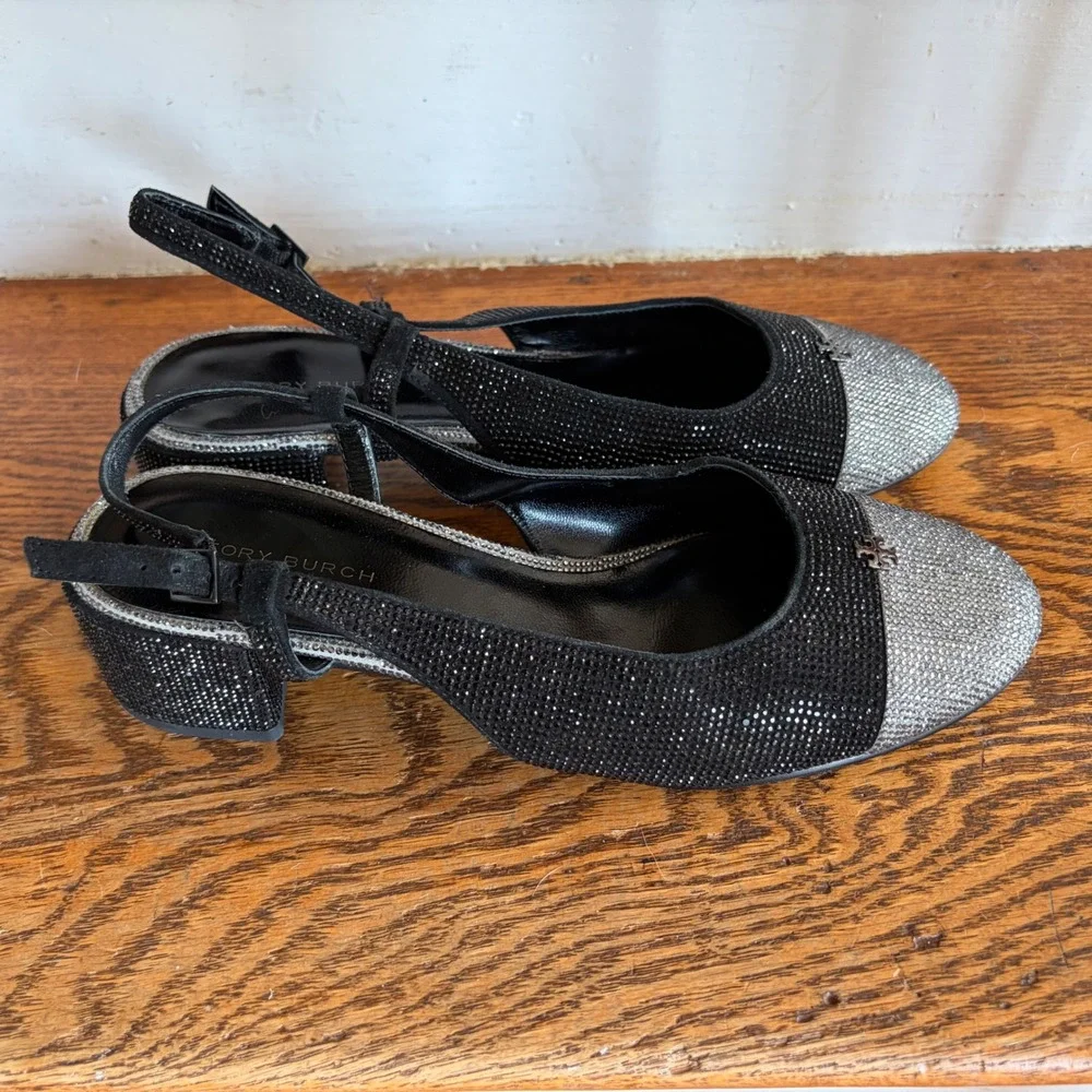 Tory Burch Black Silver Crystal Embellished Cap Toe Slingback Pumps Size 6 EUC‎